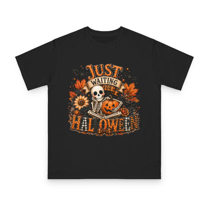 Just Waiting for Halloween T-Shirt — Skeleton Pumpkin Autumn Graphic Tee