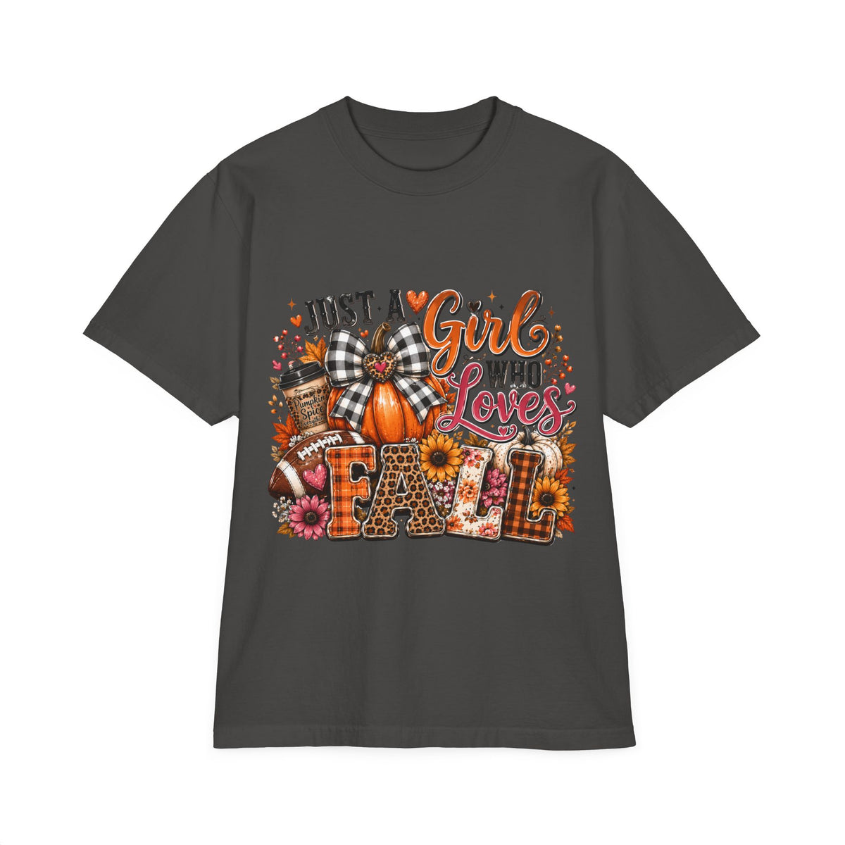 Fall Graphic T‑Shirt — "Just a Girl Who Loves Fall" Pumpkin Plaid Tee