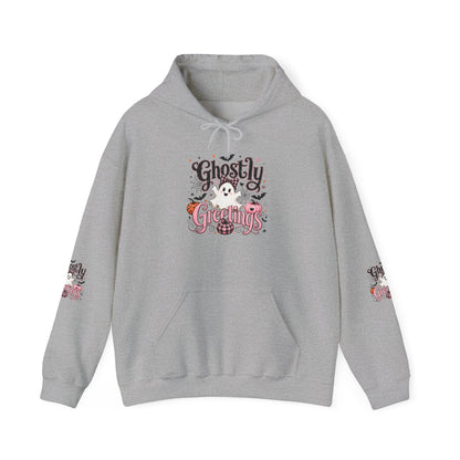 Ghostly Greetings Hoodie — Cute Retro Halloween Ghost Pullover