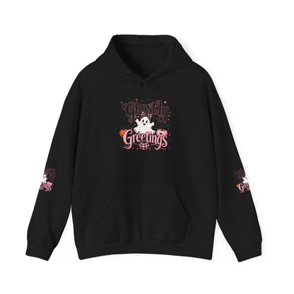 Ghostly Greetings Hoodie — Cute Retro Halloween Ghost Pullover