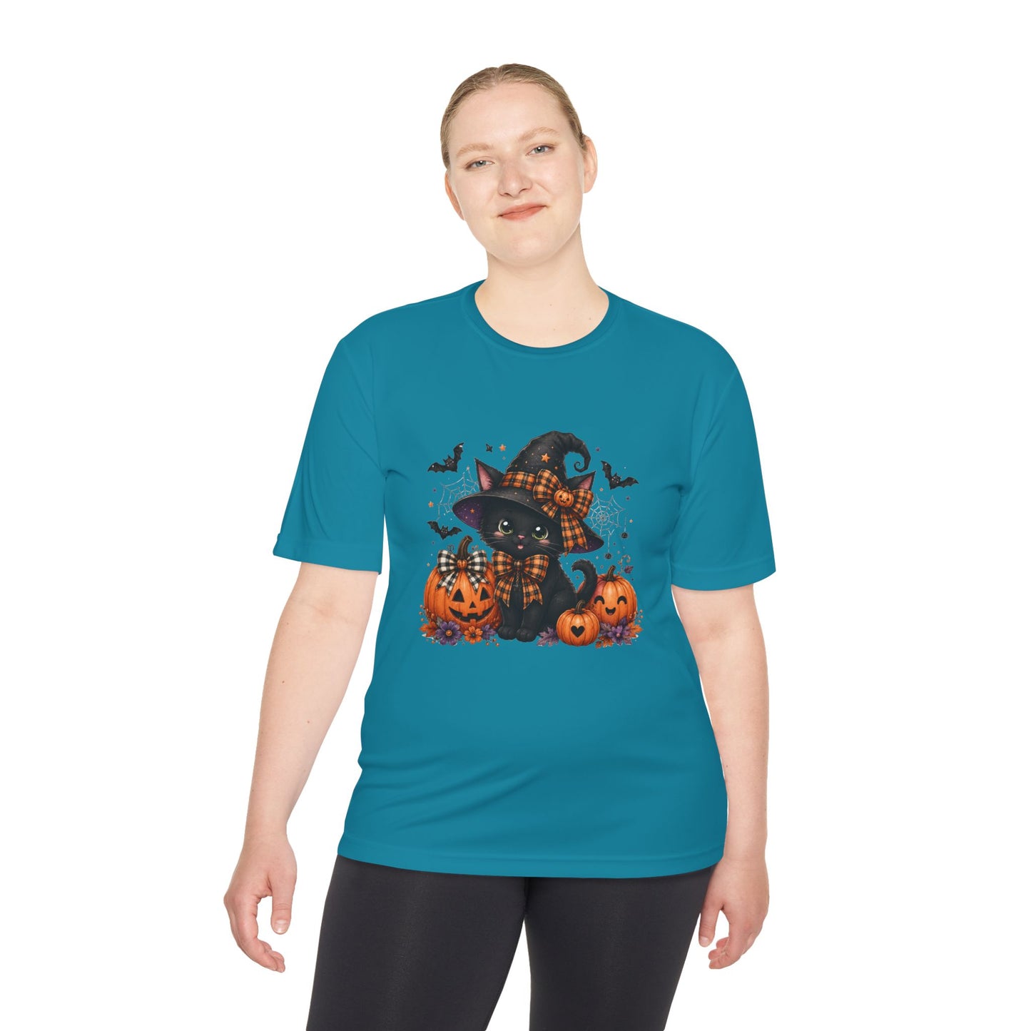 Halloween Witch Cat Tee — Cute Black Cat with Pumpkins & Bats Moisture‑Wicking Shirt
