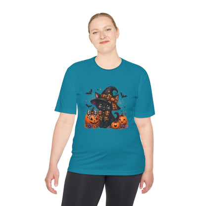 Halloween Witch Cat Tee — Cute Black Cat with Pumpkins & Bats Moisture‑Wicking Shirt