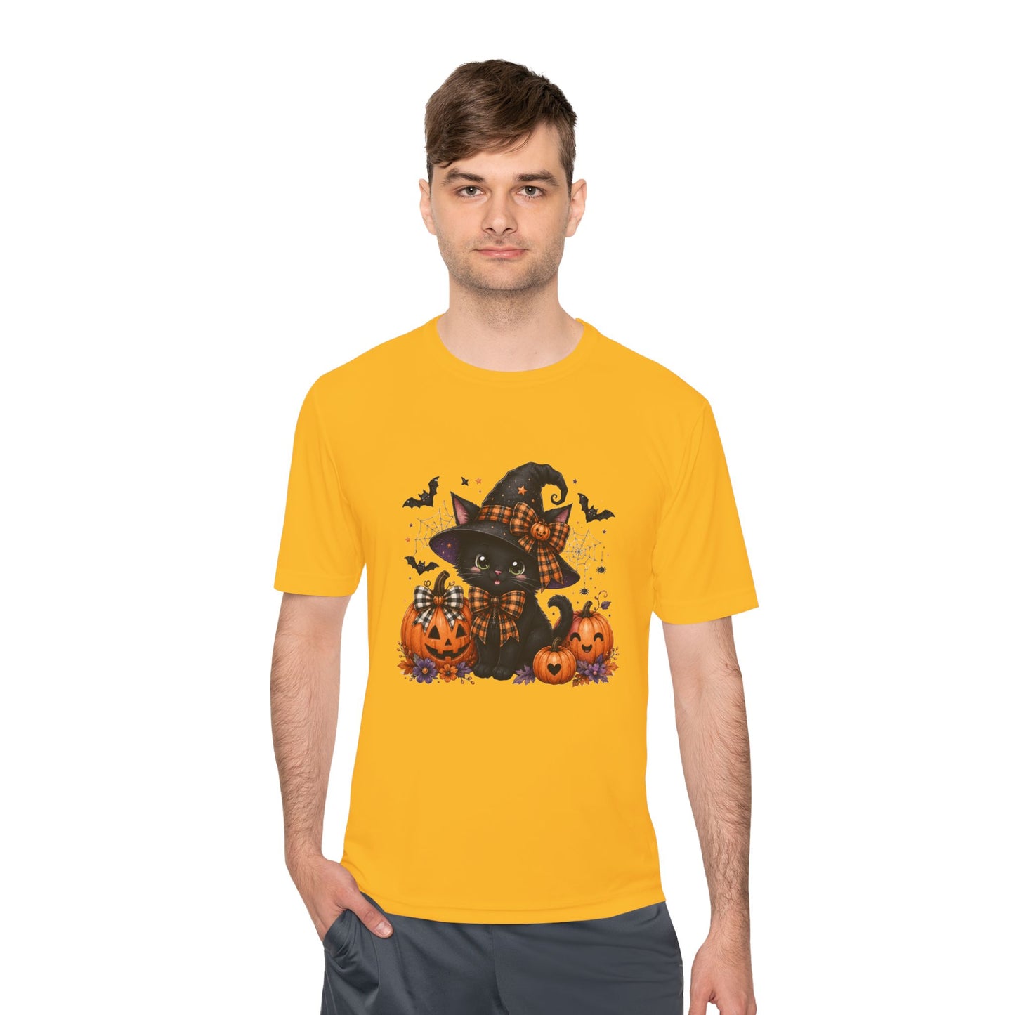 Halloween Witch Cat Tee — Cute Black Cat with Pumpkins & Bats Moisture‑Wicking Shirt