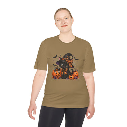 Halloween Witch Cat Tee — Cute Black Cat with Pumpkins & Bats Moisture‑Wicking Shirt