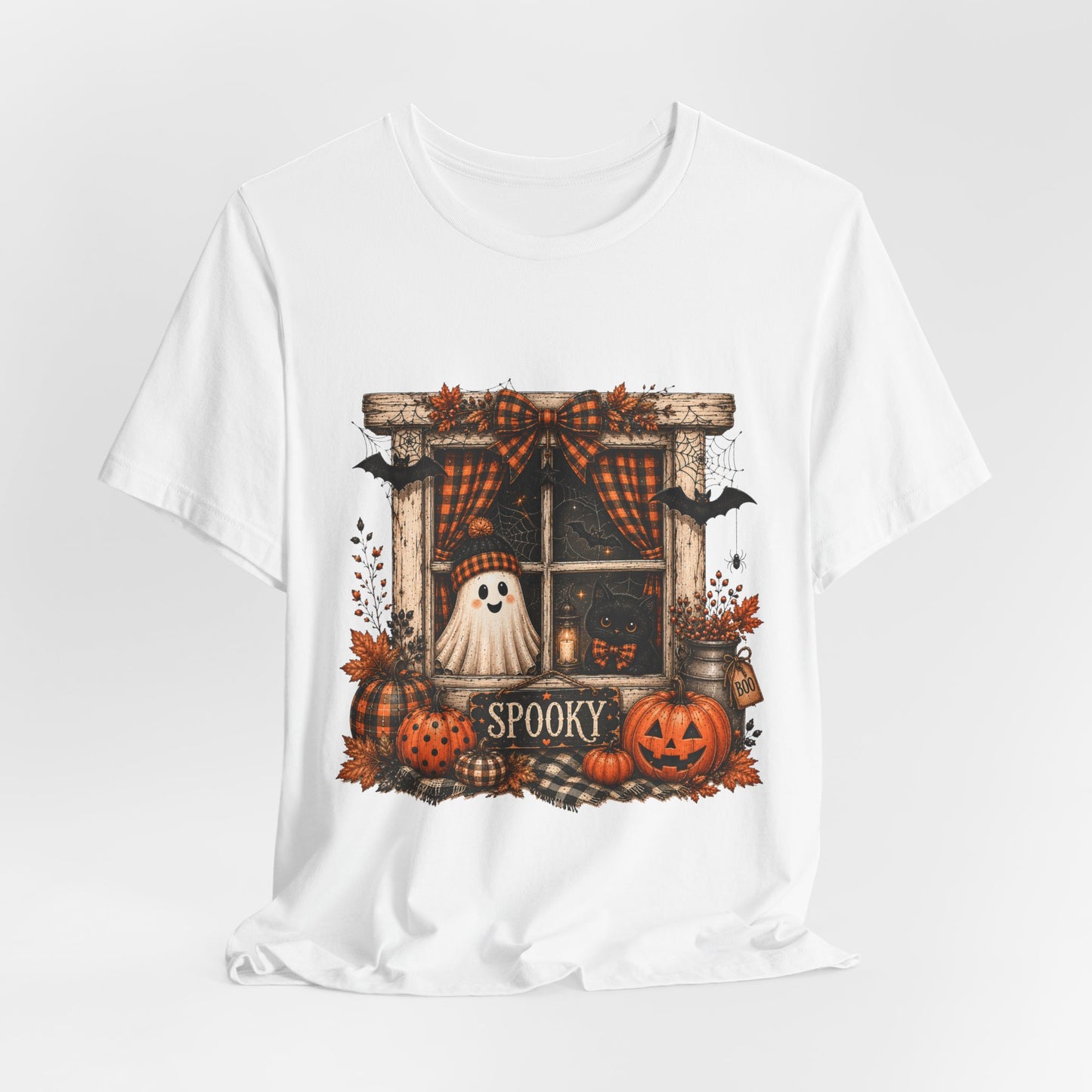 Spooky Window Halloween Tee — Ghost, Pumpkins & Plaid Fall Shirt