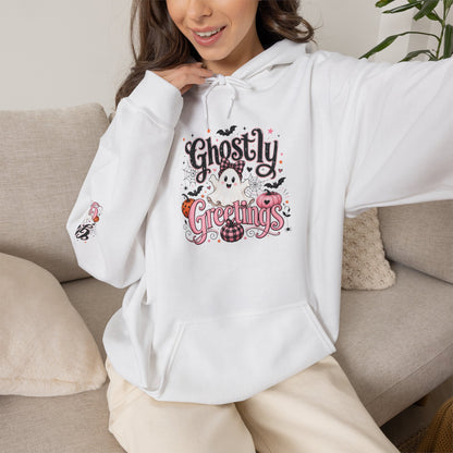 Ghostly Greetings Hoodie — Cute Retro Halloween Ghost Pullover
