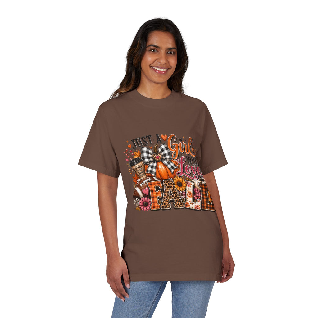 Fall Graphic T‑Shirt — "Just a Girl Who Loves Fall" Pumpkin Plaid Tee