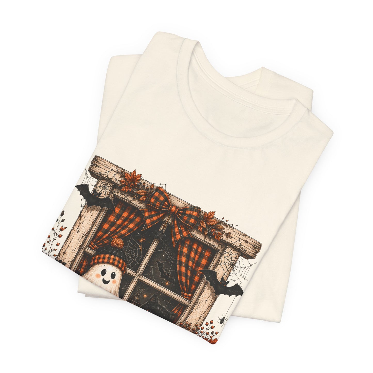 Spooky Window Halloween Tee — Ghost, Pumpkins & Plaid Fall Shirt