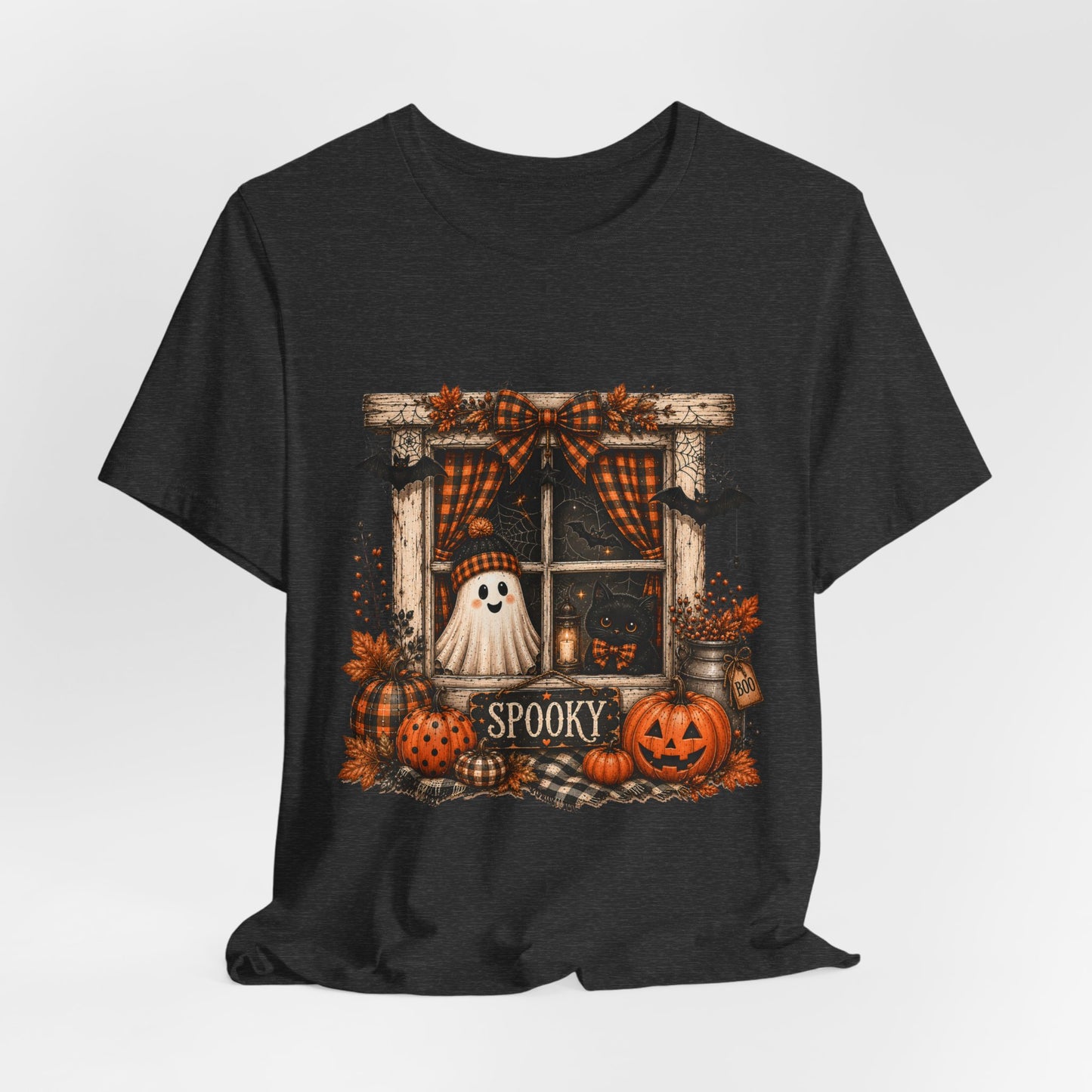 Spooky Window Halloween Tee — Ghost, Pumpkins & Plaid Fall Shirt