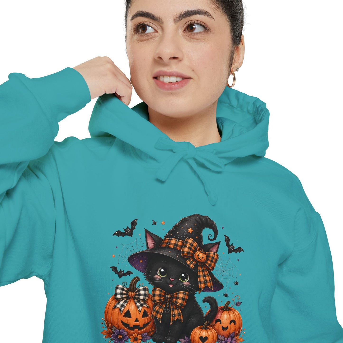 Halloween Cat Hoodie — Witch Hat Black Cat with Pumpkins & Bats