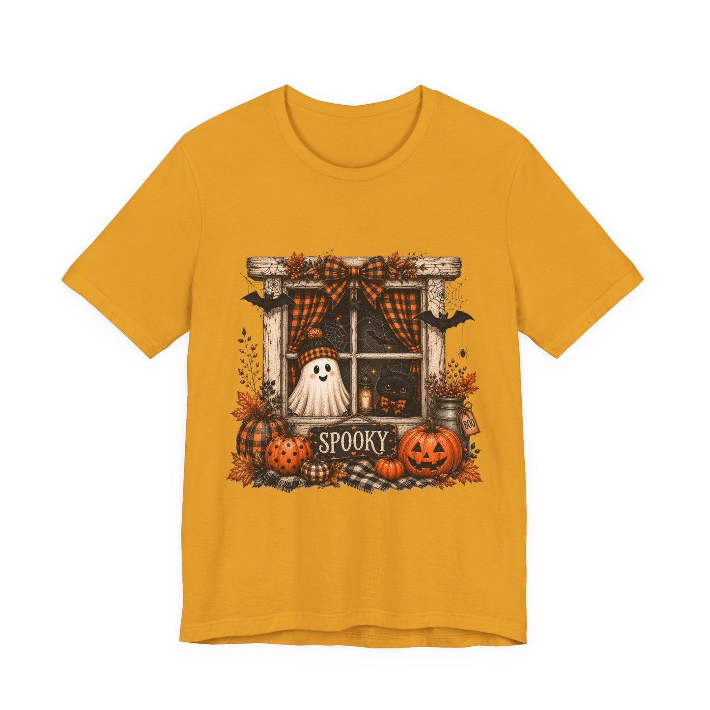 Spooky Window Halloween Tee — Ghost, Pumpkins & Plaid Fall Shirt