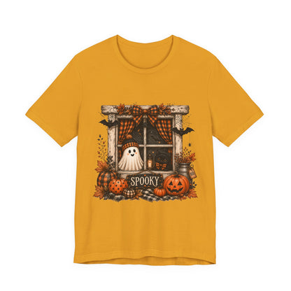 Spooky Window Halloween Tee — Ghost, Pumpkins & Plaid Fall Shirt