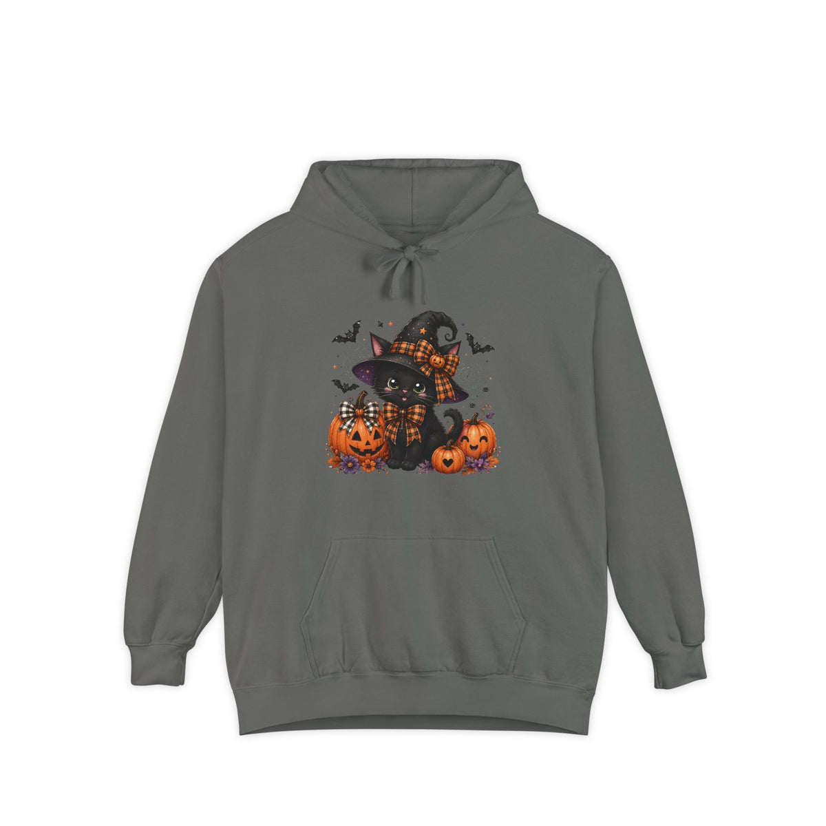 Halloween Cat Hoodie — Witch Hat Black Cat with Pumpkins & Bats