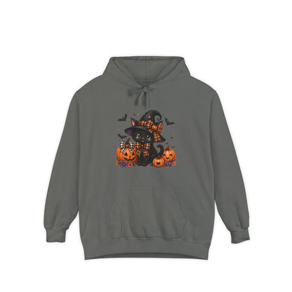 Halloween Cat Hoodie — Witch Hat Black Cat with Pumpkins & Bats