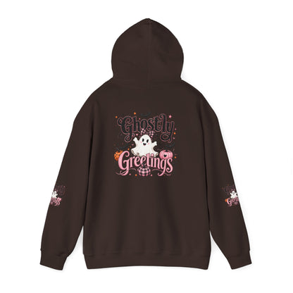 Ghostly Greetings Hoodie — Cute Retro Halloween Ghost Pullover