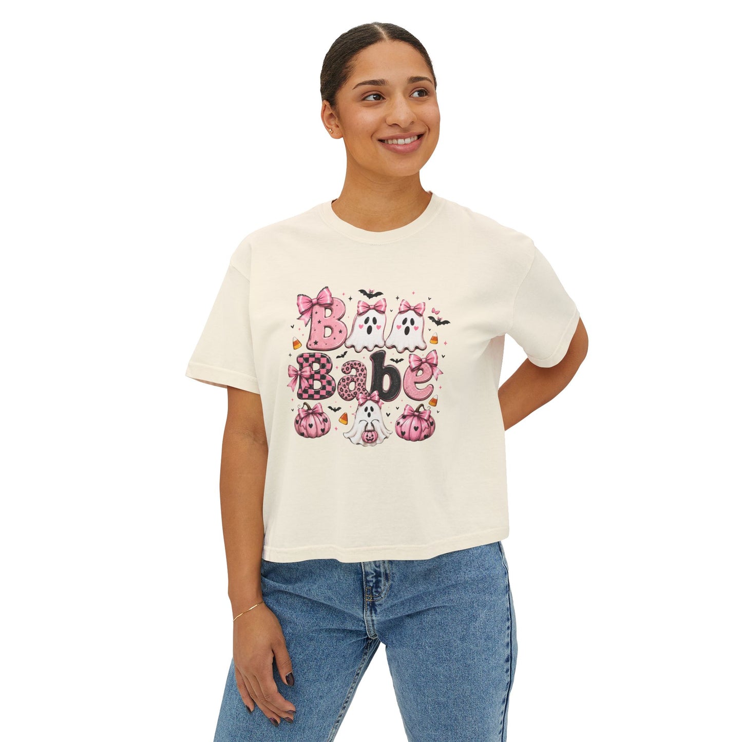 Halloween Babe Boxy Tee — Cute Pink Ghosts & Pumpkins Women's T-Shirt
