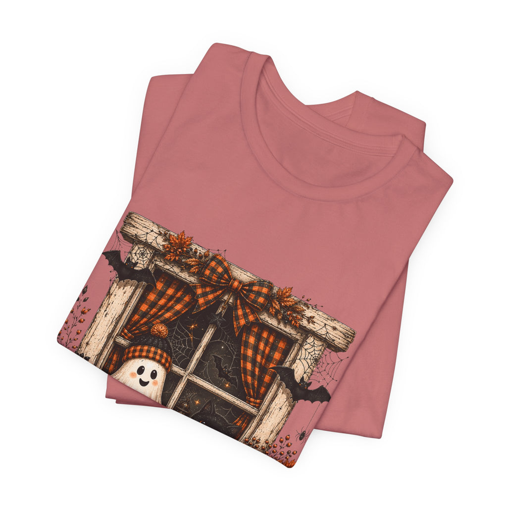 Spooky Window Halloween Tee — Ghost, Pumpkins & Plaid Fall Shirt