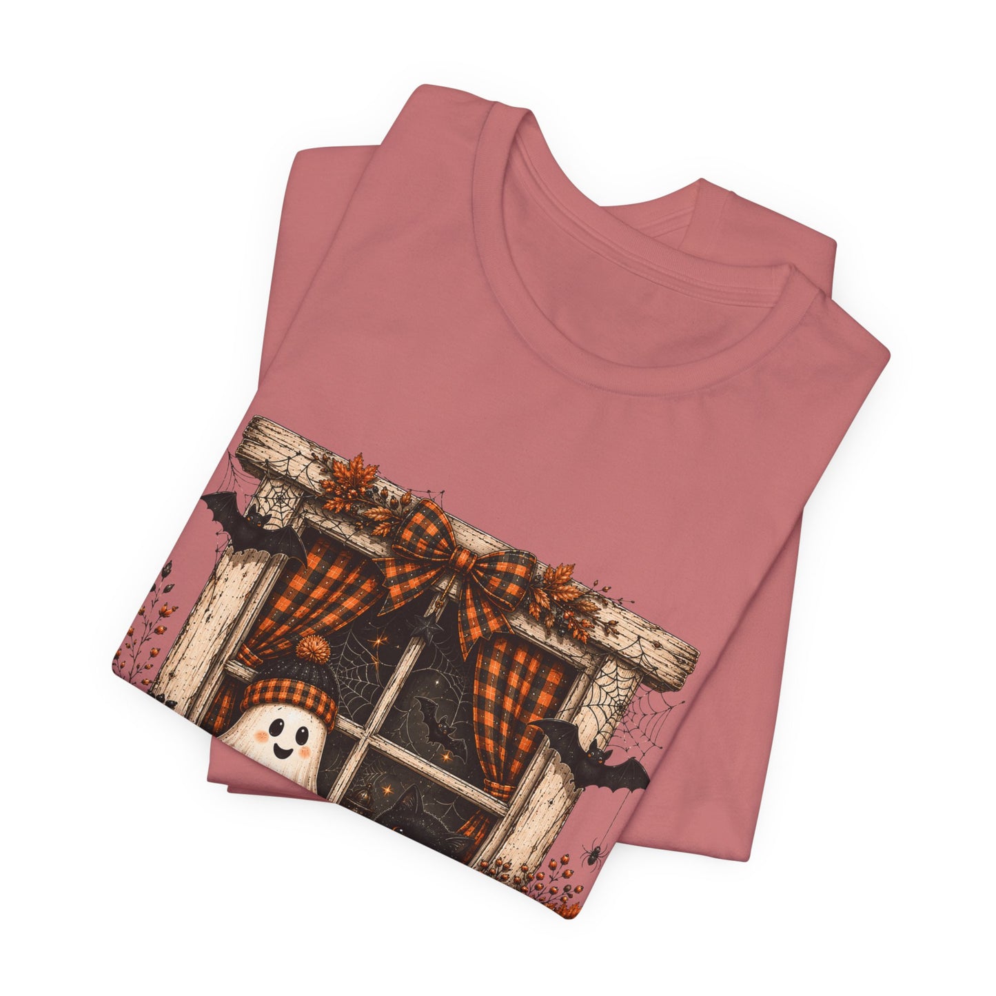 Spooky Window Halloween Tee — Ghost, Pumpkins & Plaid Fall Shirt