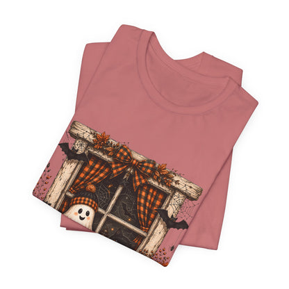 Spooky Window Halloween Tee — Ghost, Pumpkins & Plaid Fall Shirt
