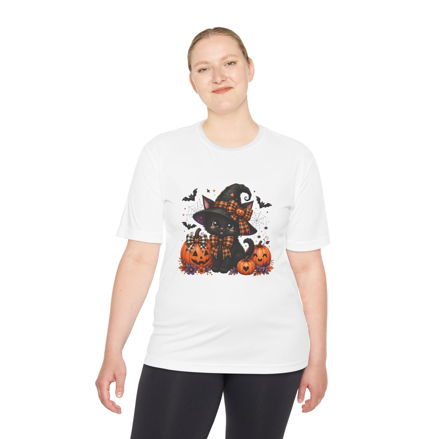 Halloween Witch Cat Tee — Cute Black Cat with Pumpkins & Bats Moisture‑Wicking Shirt