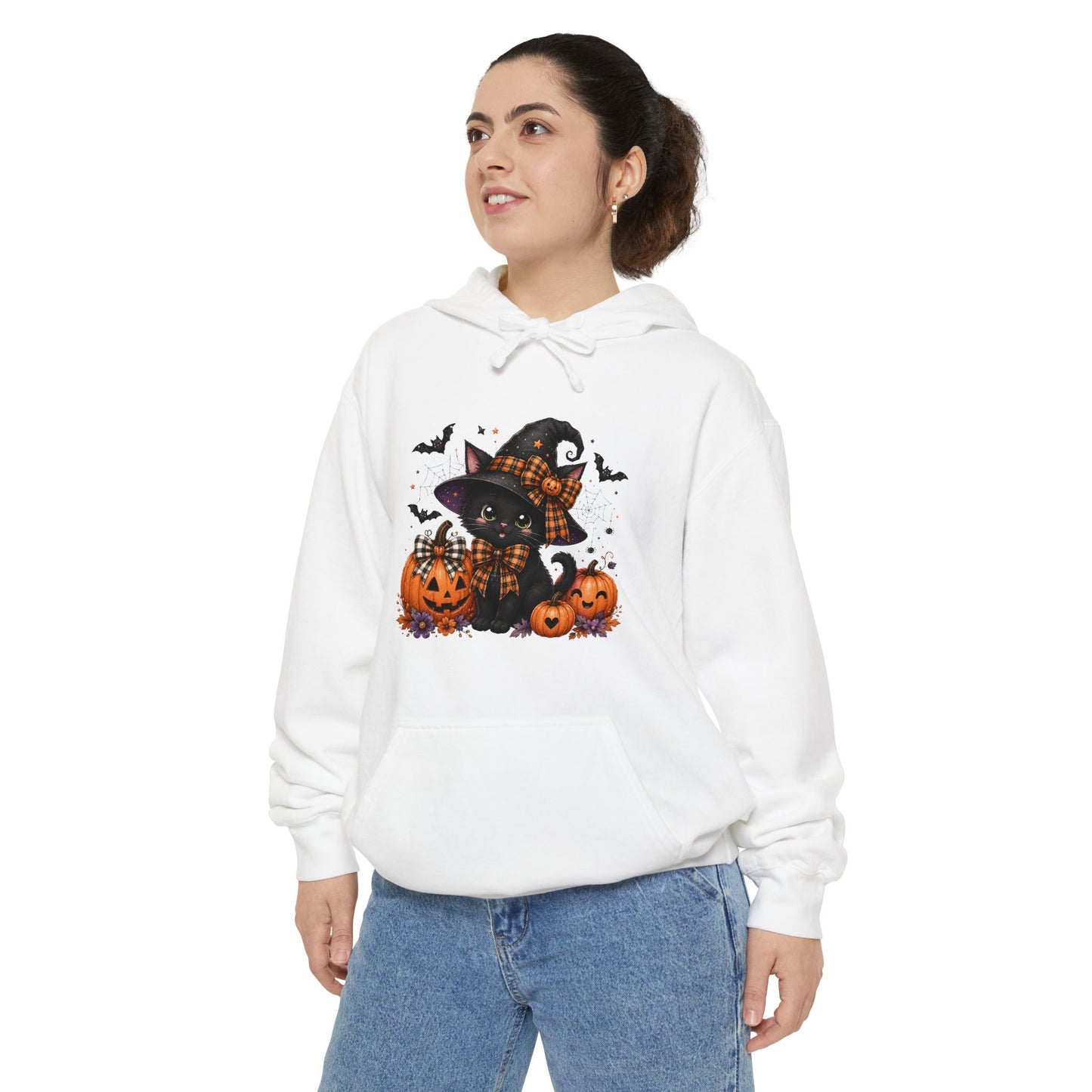 Halloween Cat Hoodie — Witch Hat Black Cat with Pumpkins & Bats