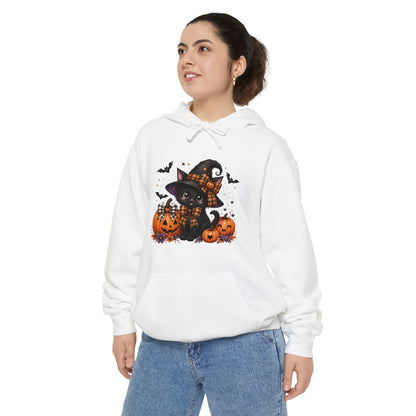 Halloween Cat Hoodie — Witch Hat Black Cat with Pumpkins & Bats