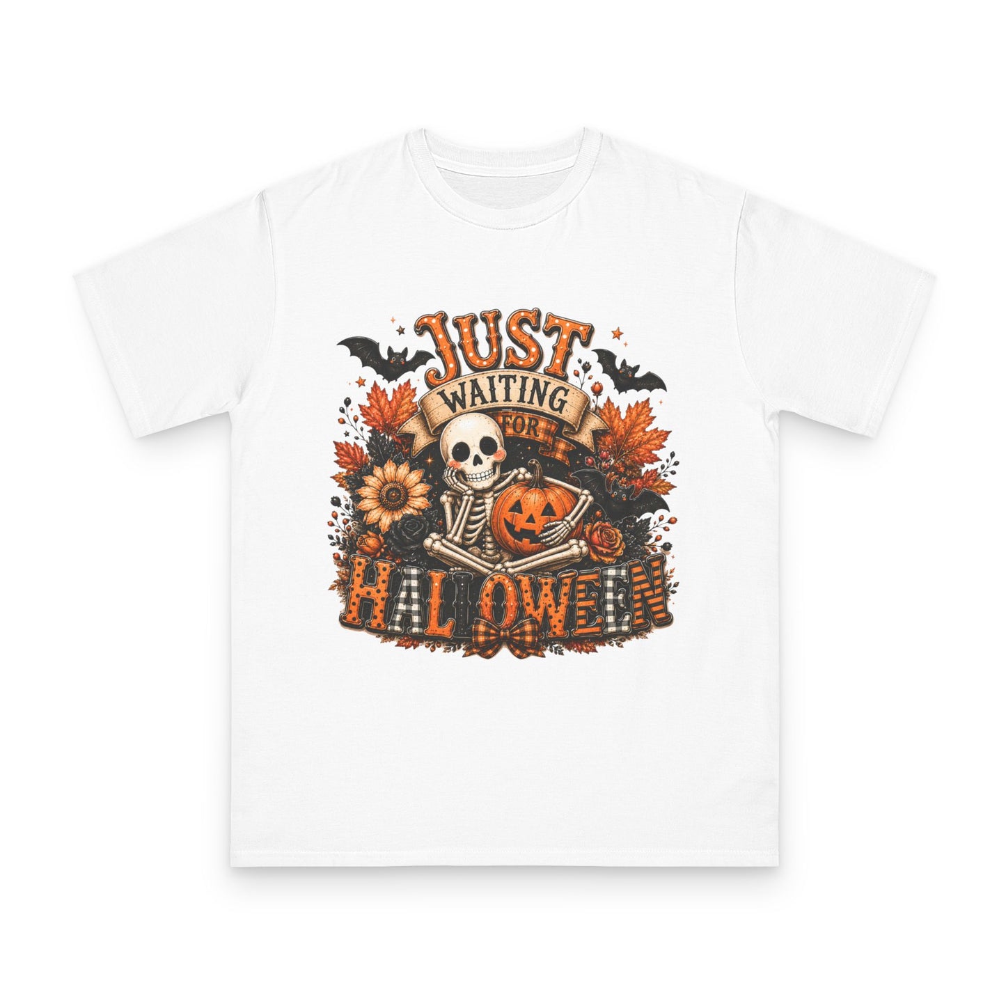 Just Waiting for Halloween T-Shirt — Skeleton Pumpkin Autumn Graphic Tee