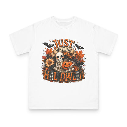 Just Waiting for Halloween T-Shirt — Skeleton Pumpkin Autumn Graphic Tee
