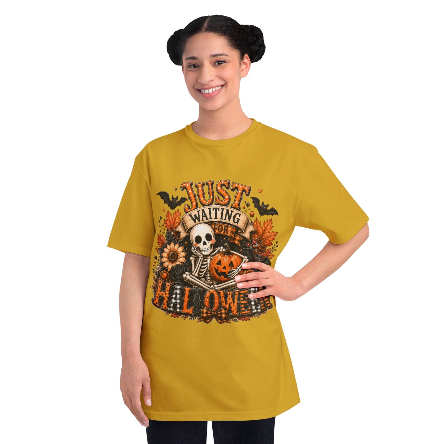 Just Waiting for Halloween T-Shirt — Skeleton Pumpkin Autumn Graphic Tee