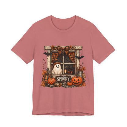Spooky Window Halloween Tee — Ghost, Pumpkins & Plaid Fall Shirt
