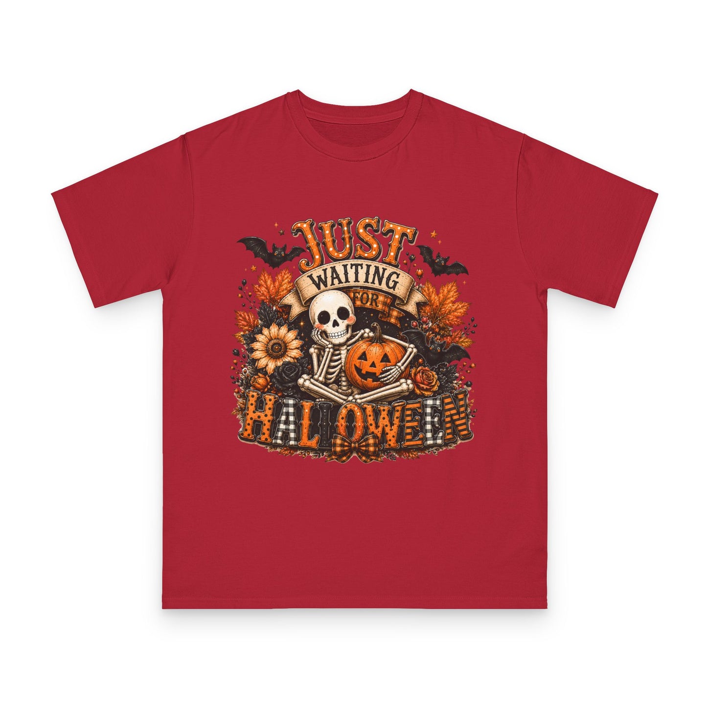 Just Waiting for Halloween T-Shirt — Skeleton Pumpkin Autumn Graphic Tee