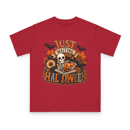 Just Waiting for Halloween T-Shirt — Skeleton Pumpkin Autumn Graphic Tee