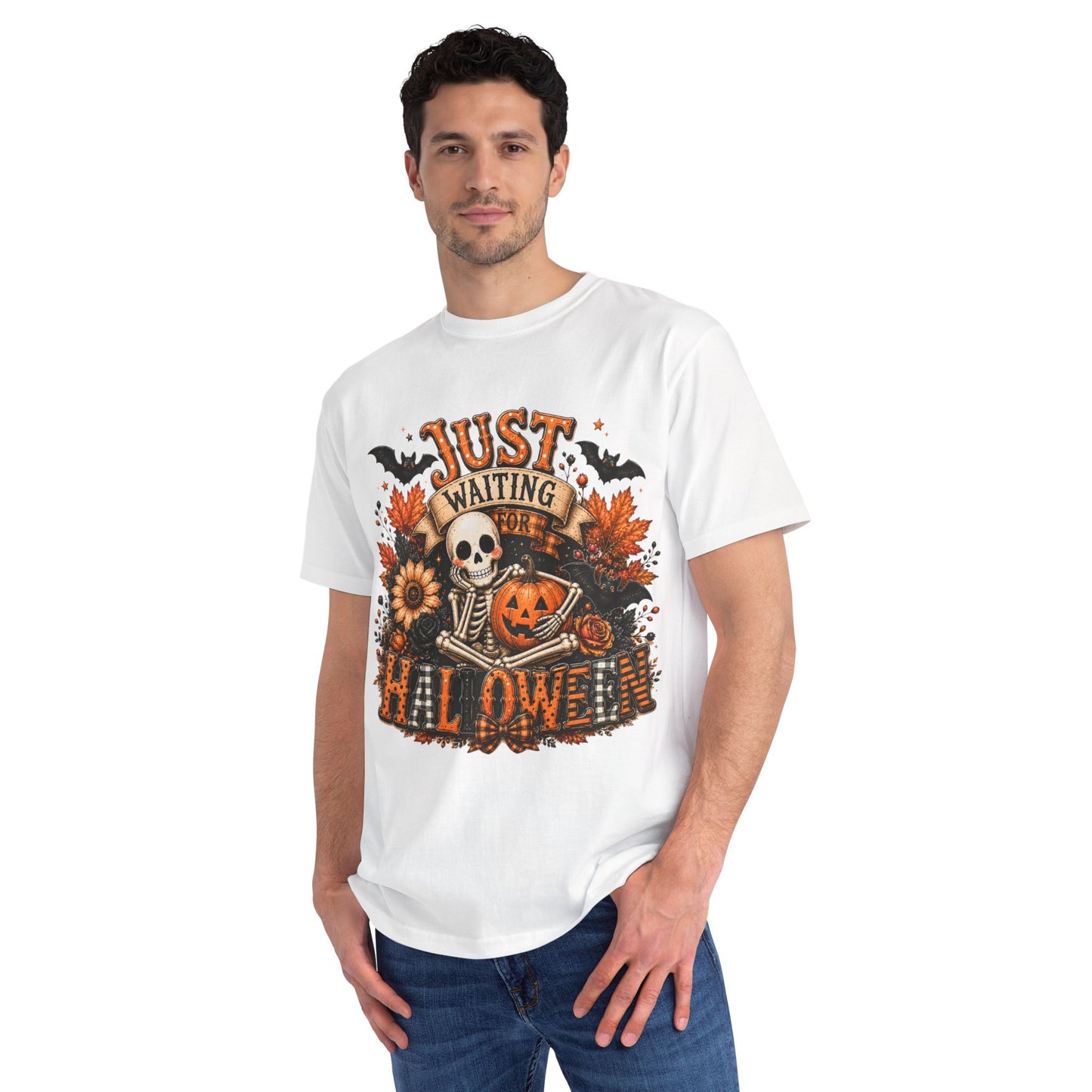 Just Waiting for Halloween T-Shirt — Skeleton Pumpkin Autumn Graphic Tee