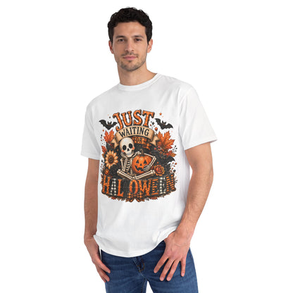 Just Waiting for Halloween T-Shirt — Skeleton Pumpkin Autumn Graphic Tee