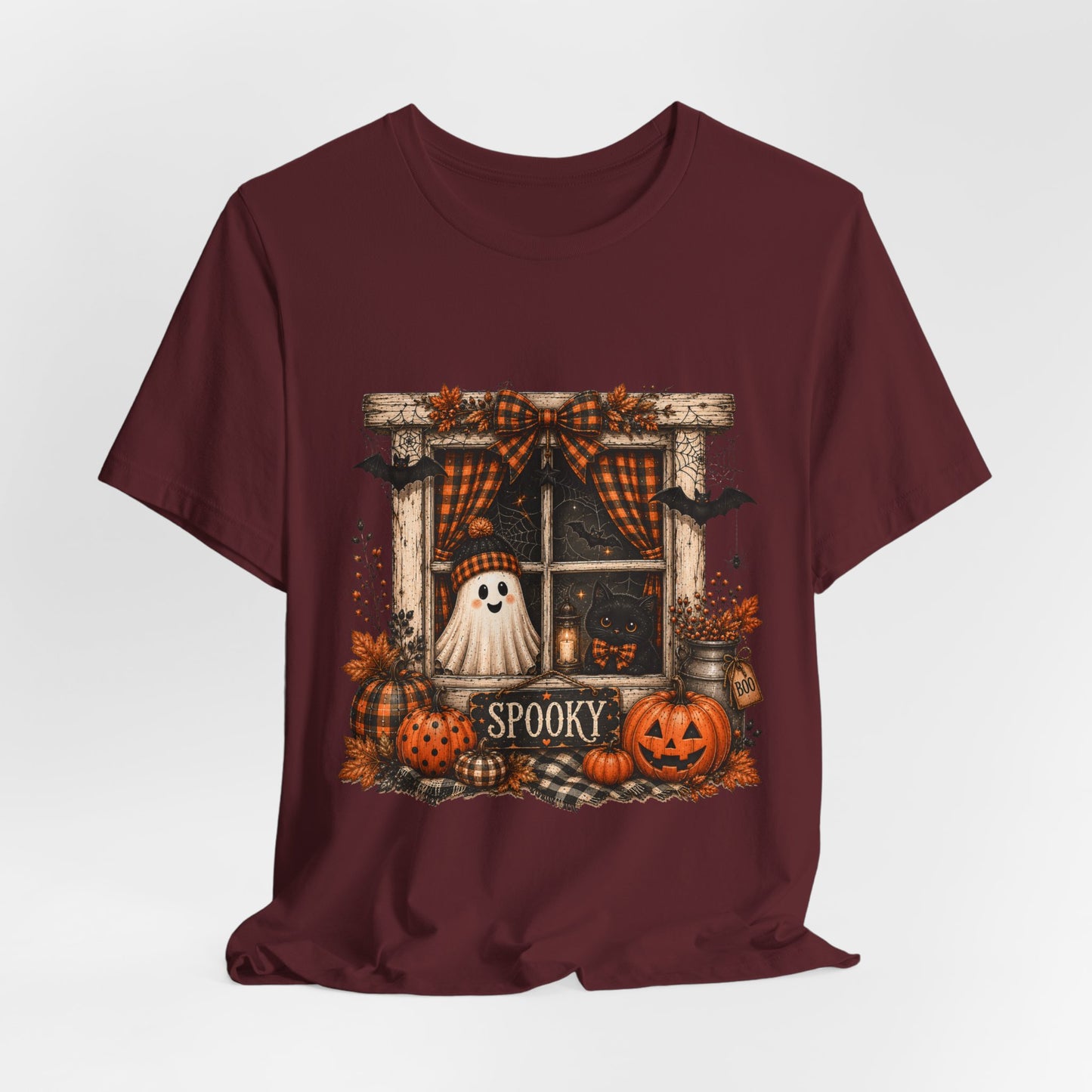 Spooky Window Halloween Tee — Ghost, Pumpkins & Plaid Fall Shirt