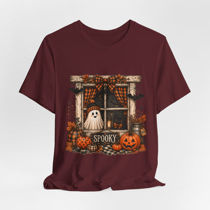 Spooky Window Halloween Tee — Ghost, Pumpkins & Plaid Fall Shirt