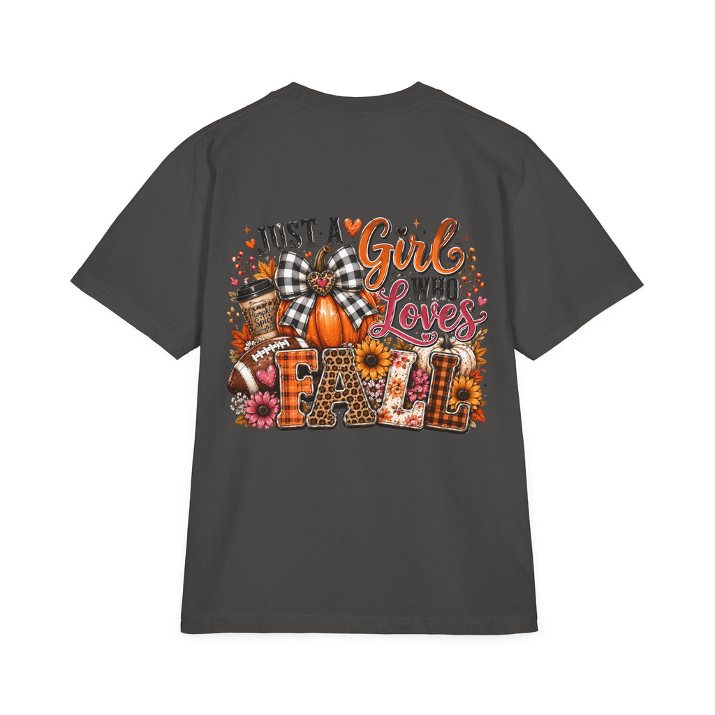Fall Graphic T‑Shirt — "Just a Girl Who Loves Fall" Pumpkin Plaid Tee