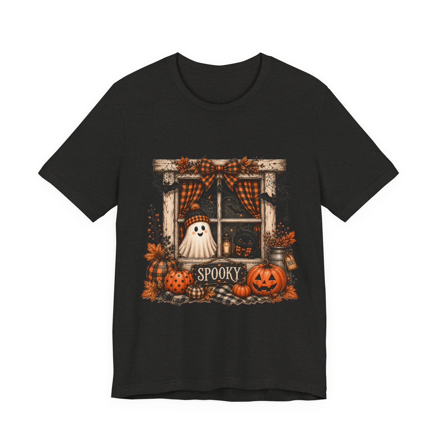 Spooky Window Halloween Tee — Ghost, Pumpkins & Plaid Fall Shirt