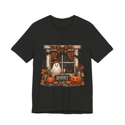 Spooky Window Halloween Tee — Ghost, Pumpkins & Plaid Fall Shirt