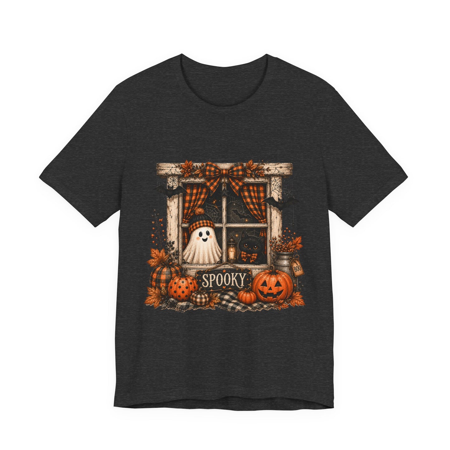 Spooky Window Halloween Tee — Ghost, Pumpkins & Plaid Fall Shirt