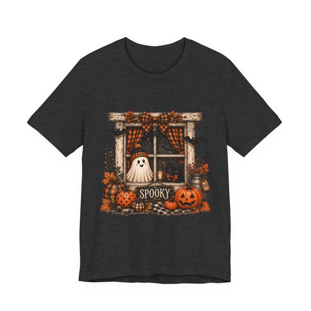 Spooky Window Halloween Tee — Ghost, Pumpkins & Plaid Fall Shirt