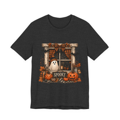 Spooky Window Halloween Tee — Ghost, Pumpkins & Plaid Fall Shirt
