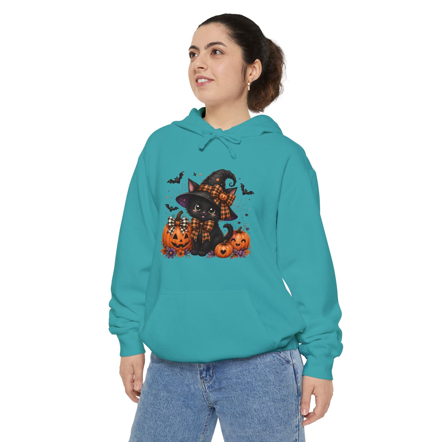 Halloween Cat Hoodie — Witch Hat Black Cat with Pumpkins & Bats