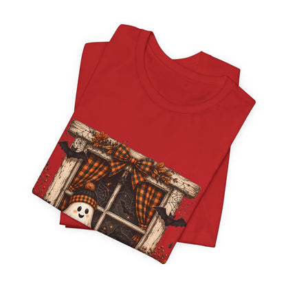 Spooky Window Halloween Tee — Ghost, Pumpkins & Plaid Fall Shirt