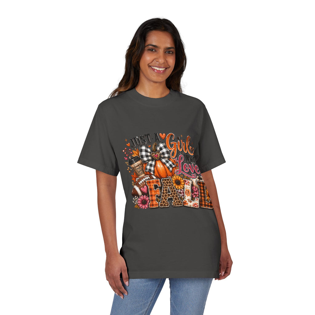 Fall Graphic T‑Shirt — "Just a Girl Who Loves Fall" Pumpkin Plaid Tee