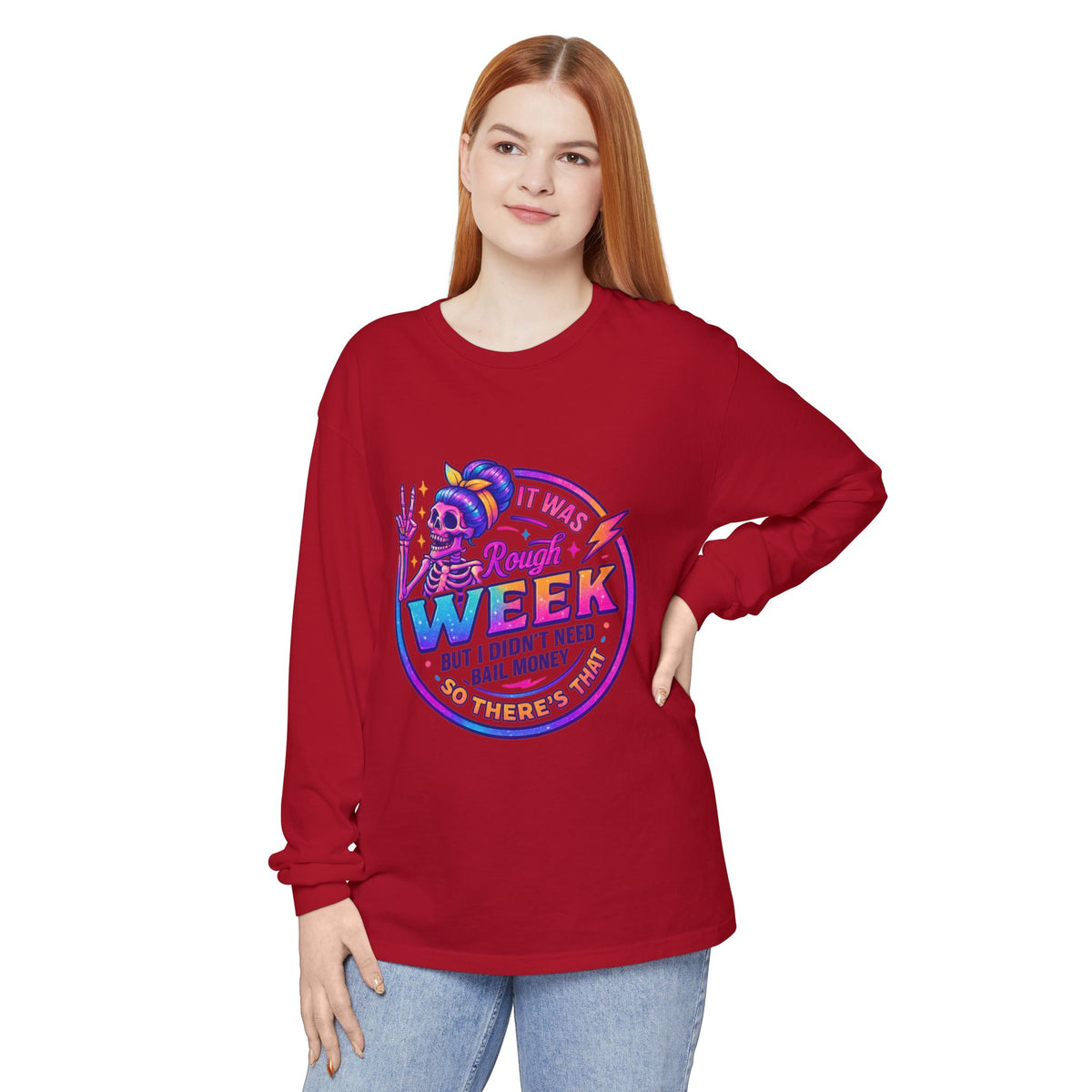 Long Sleeve T-Shirt — “It Was a Rough Week” Retro Skull Graphic