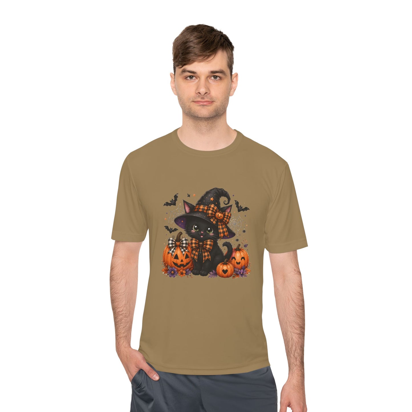 Halloween Witch Cat Tee — Cute Black Cat with Pumpkins & Bats Moisture‑Wicking Shirt