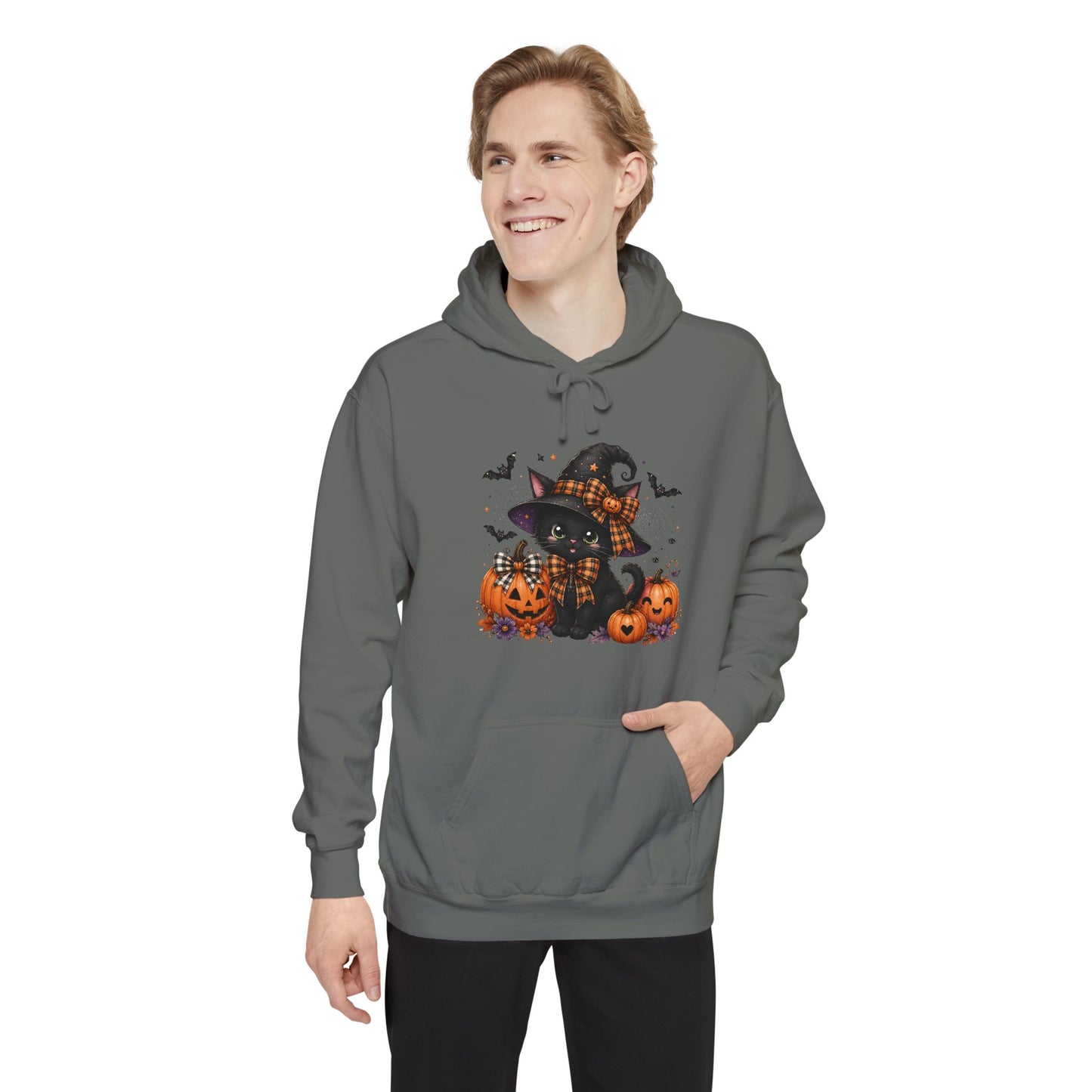 Halloween Cat Hoodie — Witch Hat Black Cat with Pumpkins & Bats