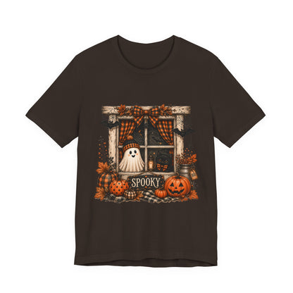 Spooky Window Halloween Tee — Ghost, Pumpkins & Plaid Fall Shirt