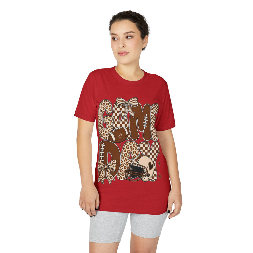 Game Day Mom Football T-Shirt — Leopard & Checkerboard Sport Design